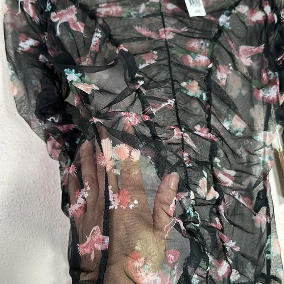 NWT Blouse Hippy Laundry black pink sheer ruched medium flamingo - Picture 5 of 8